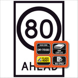 Speed Limit Ahead 80 GM9-79D(80) 600x900mm corflute sign panel with black 80 speed symbol and AHEAD text on white retroreflective background