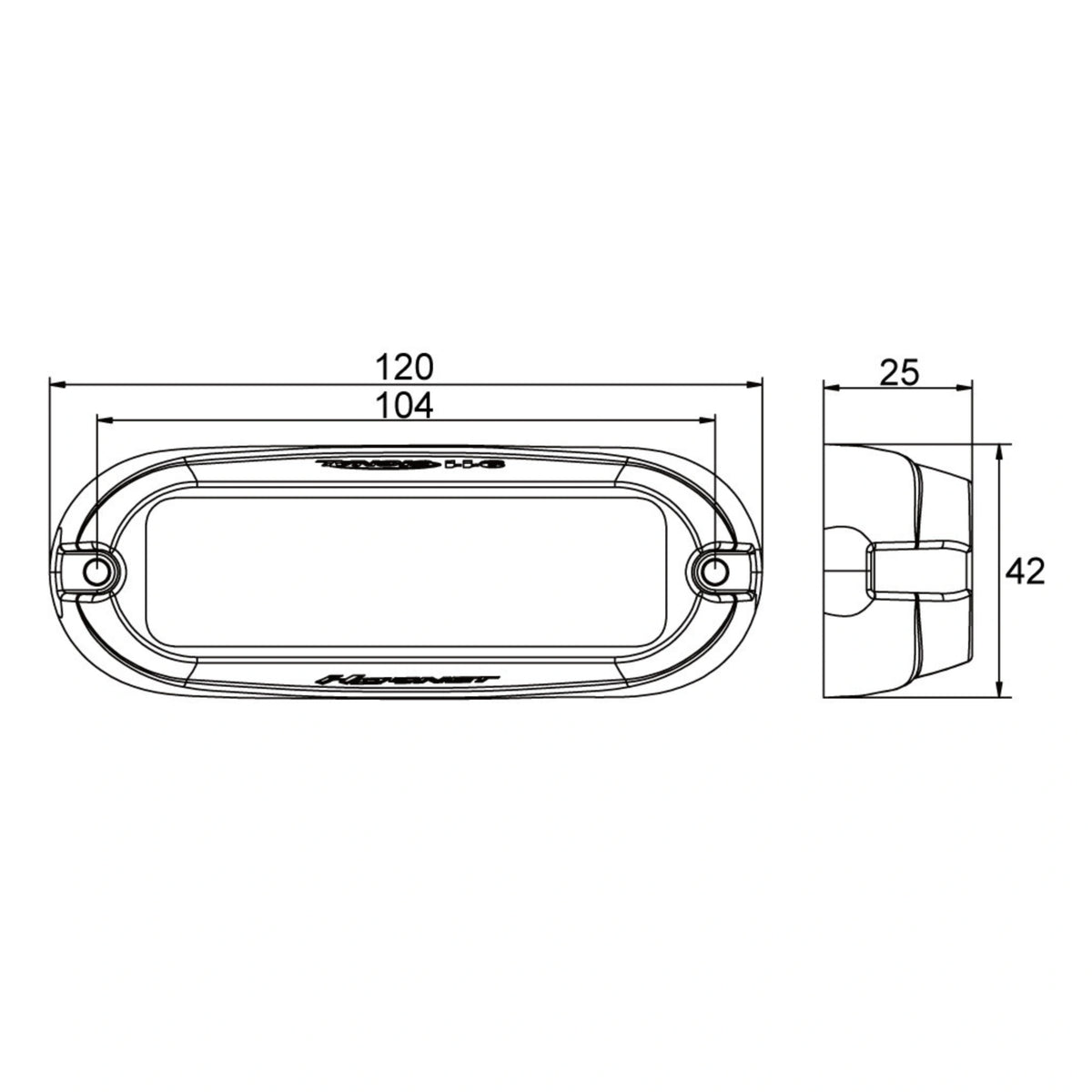 Dimension drawing of the warning light head showing 120mm overall length, 104mm between mounting hole centres, 42mm width and 25mm depth