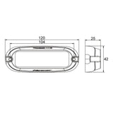 Dimension drawing of the warning light head showing 120mm overall length, 104mm between mounting hole centres, 42mm width and 25mm depth
