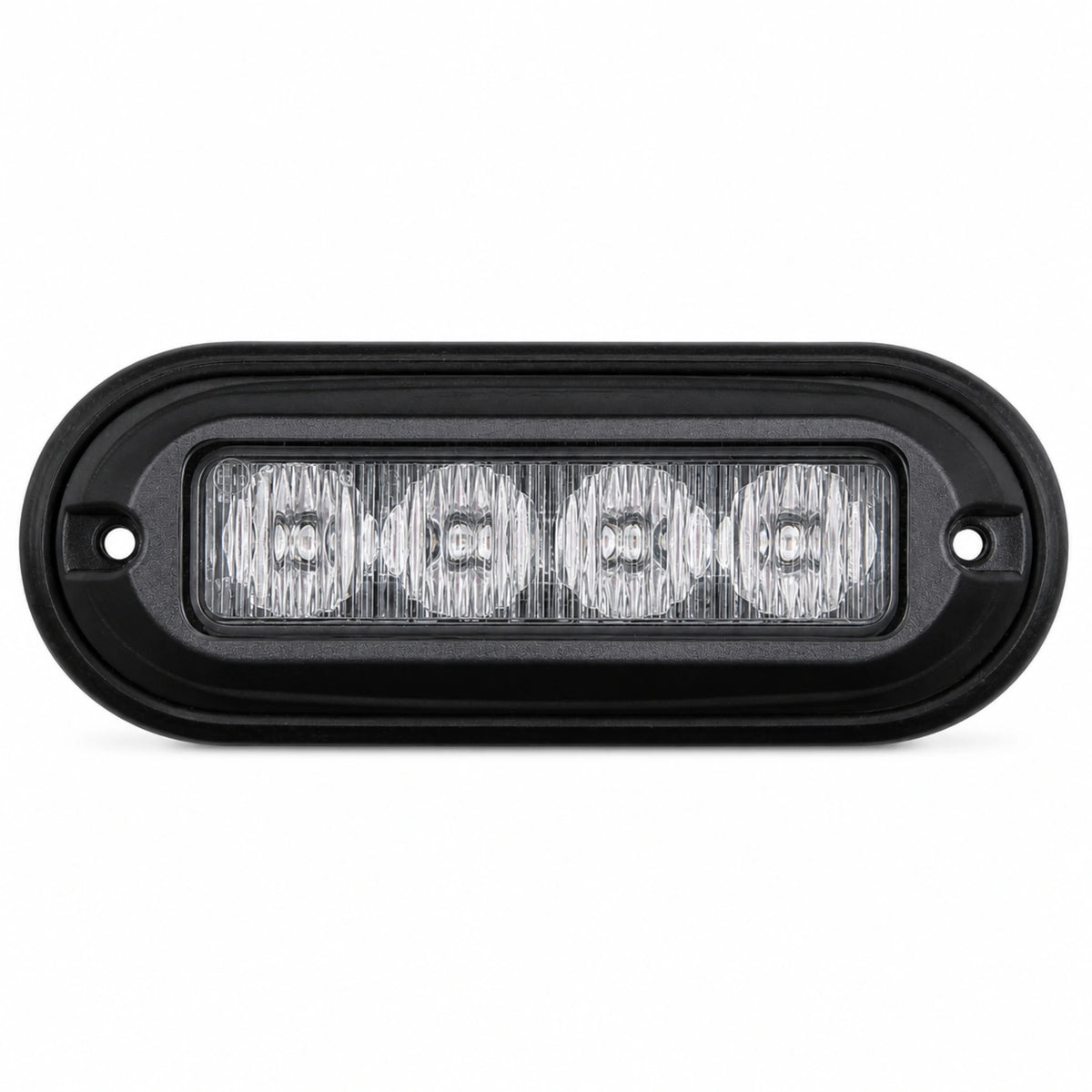 Front view of the black oval surface mount LED warning light head, four clear TIR lens cells behind a flush lens with a screw mounting ear at each end