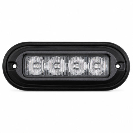 Front view of the black oval surface mount LED warning light head, four clear TIR lens cells behind a flush lens with a screw mounting ear at each end