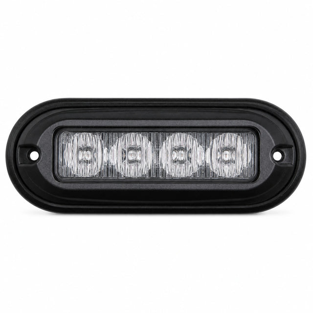Front view of the black oval surface mount LED warning light head, four clear TIR lens cells behind a flush lens with a screw mounting ear at each end