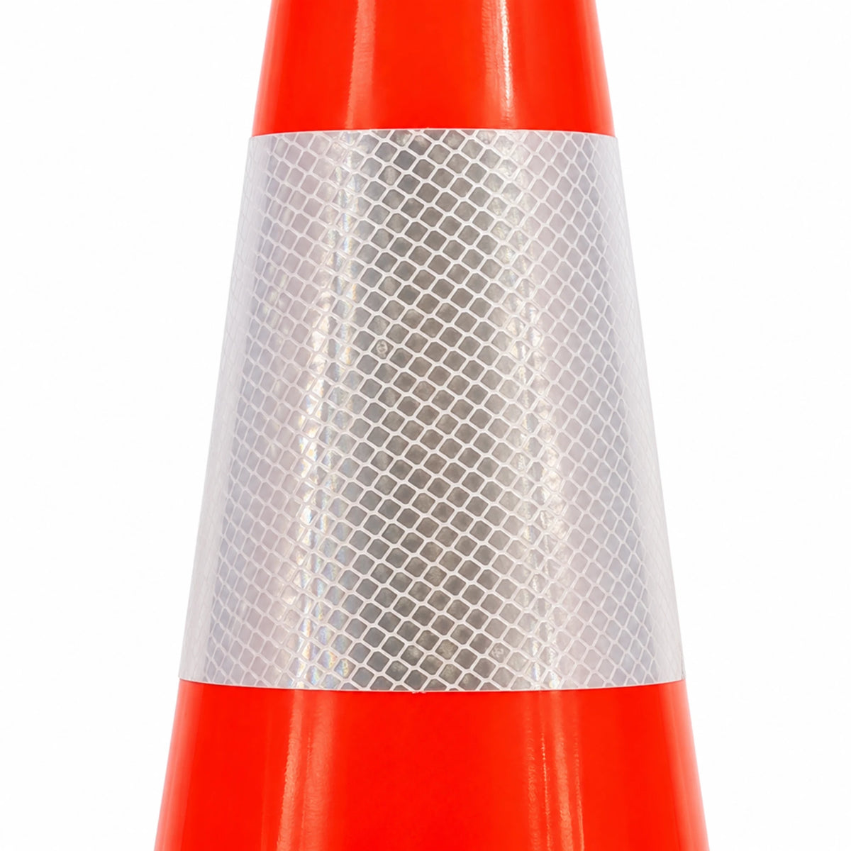 Close-up of the white Class 1 retroreflective collar on the orange 450mm traffic cone