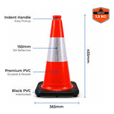450mm traffic cone diagram showing indent handle, 150mm 3M reflective collar, PVC body, black interlocked base, 455mm height, 365mm base and 1.5kg weight