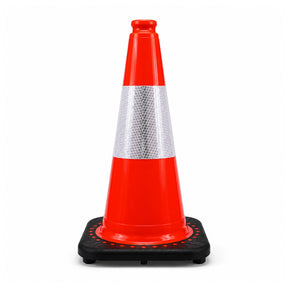Orange 450mm heavy duty traffic cone with white Class 1 reflective collar on a black interlocked base