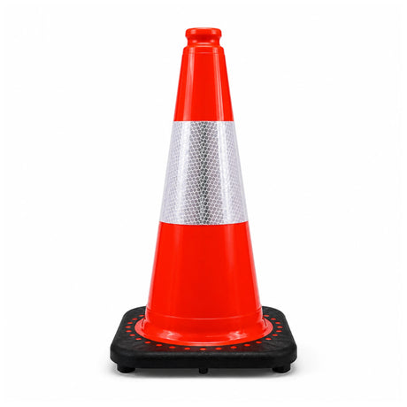 Orange 450mm heavy duty traffic cone with white Class 1 reflective collar on a black interlocked base