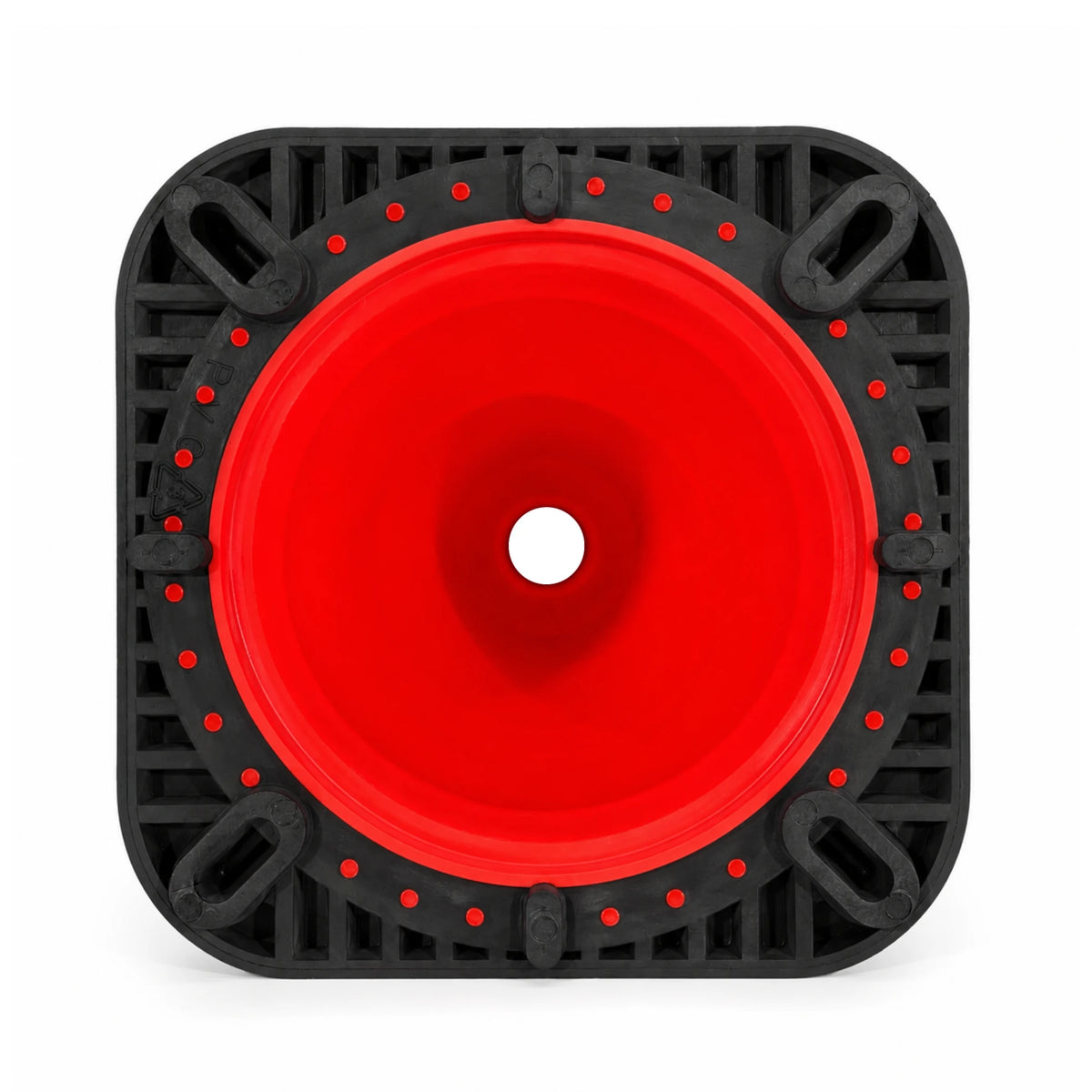 Full underside of the 450mm traffic cone showing the ribbed black base, four rubber feet and interlock studs
