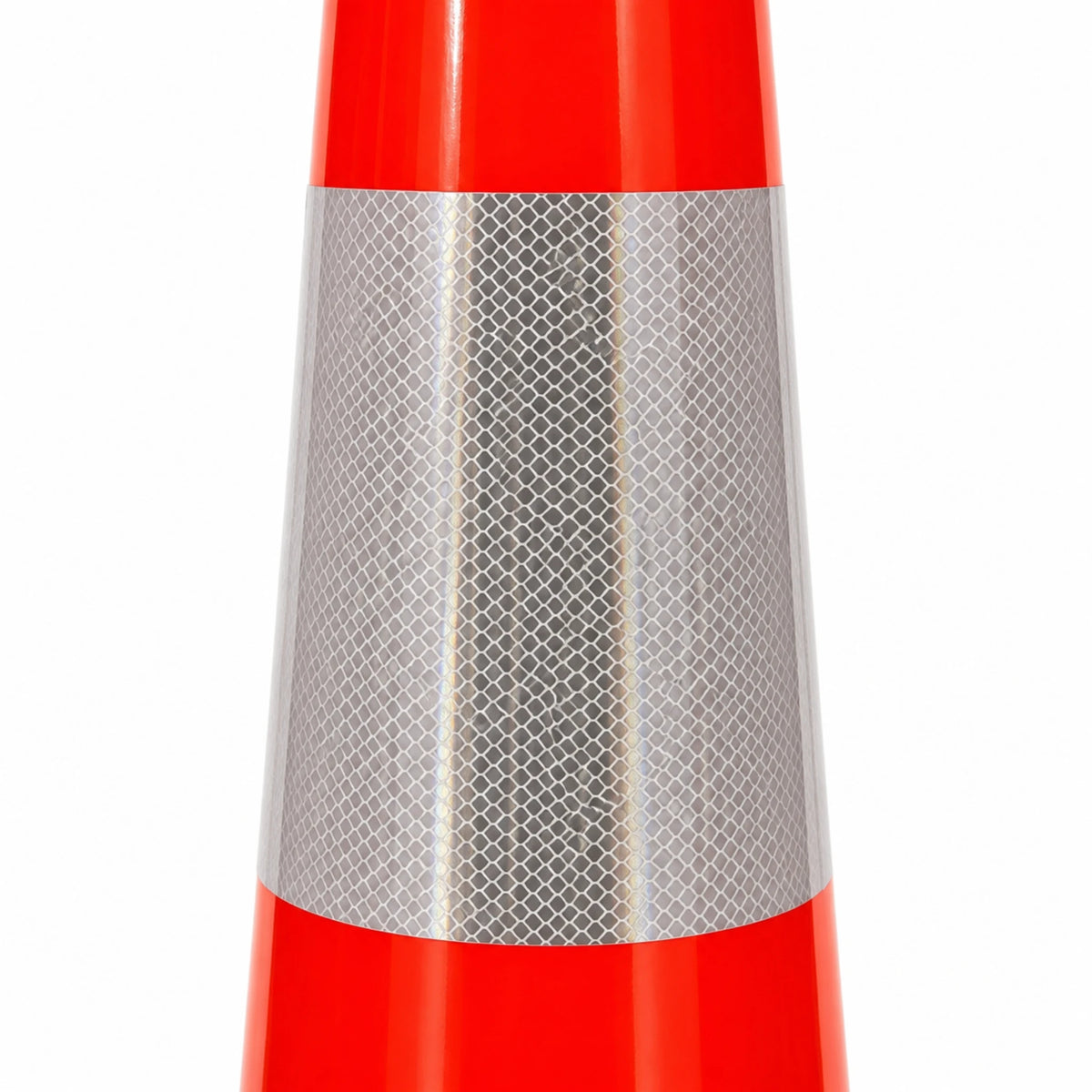 Close-up of the white Class 1 retroreflective collar on the orange 900mm traffic cone