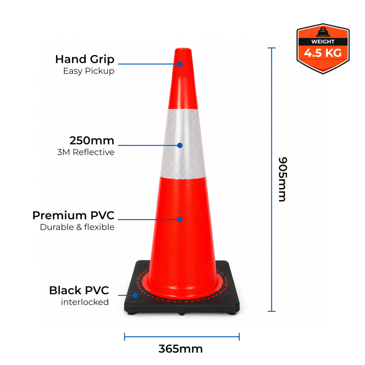 900mm traffic cone diagram showing hand grip, 250mm 3M reflective collar, PVC body, black interlocked base, 905mm height, 365mm base and 4.5kg weight