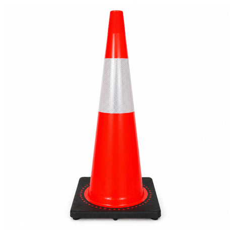 Orange 900mm heavy duty traffic cone with 250mm Class 1 reflective collar on a black interlocked base