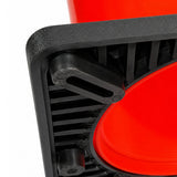 Angled underside view of the cone base showing ribbed black PVC construction and rubber foot pad