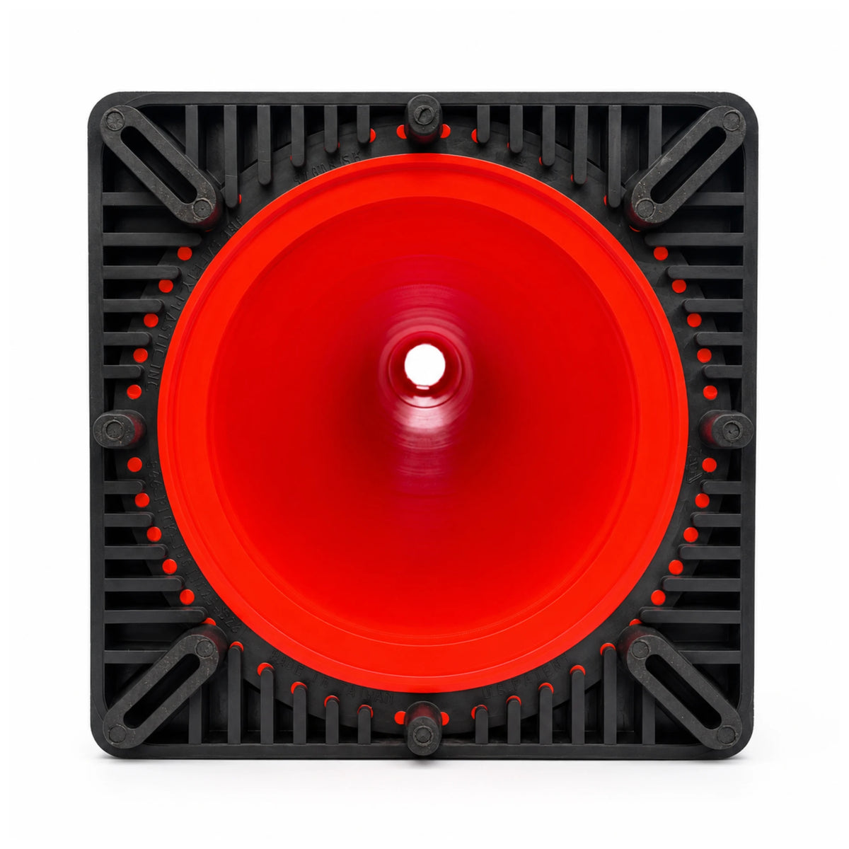 Full underside of the 900mm traffic cone showing the ribbed black base, four rubber feet and interlock studs