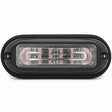 Front view of the black surface mount LED warning light head, a single clear linear lens window with a screw fixing point at each end
