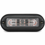 Front view of the black surface mount LED warning light head, a single clear linear lens window with a screw fixing point at each end