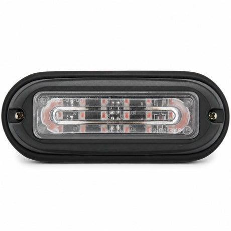 Front view of the black surface mount LED warning light head, a single clear linear lens window with a screw fixing point at each end