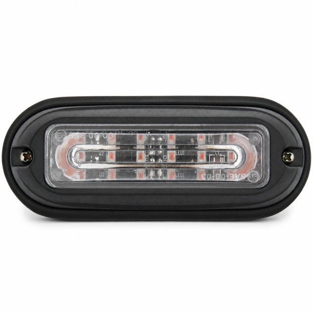 Front view of the black surface mount LED warning light head, a single clear linear lens window with a screw fixing point at each end