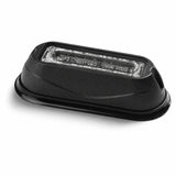 Angled view of the black LED warning light head showing the raised housing, recessed clear linear lens and moulded rubber base surround
