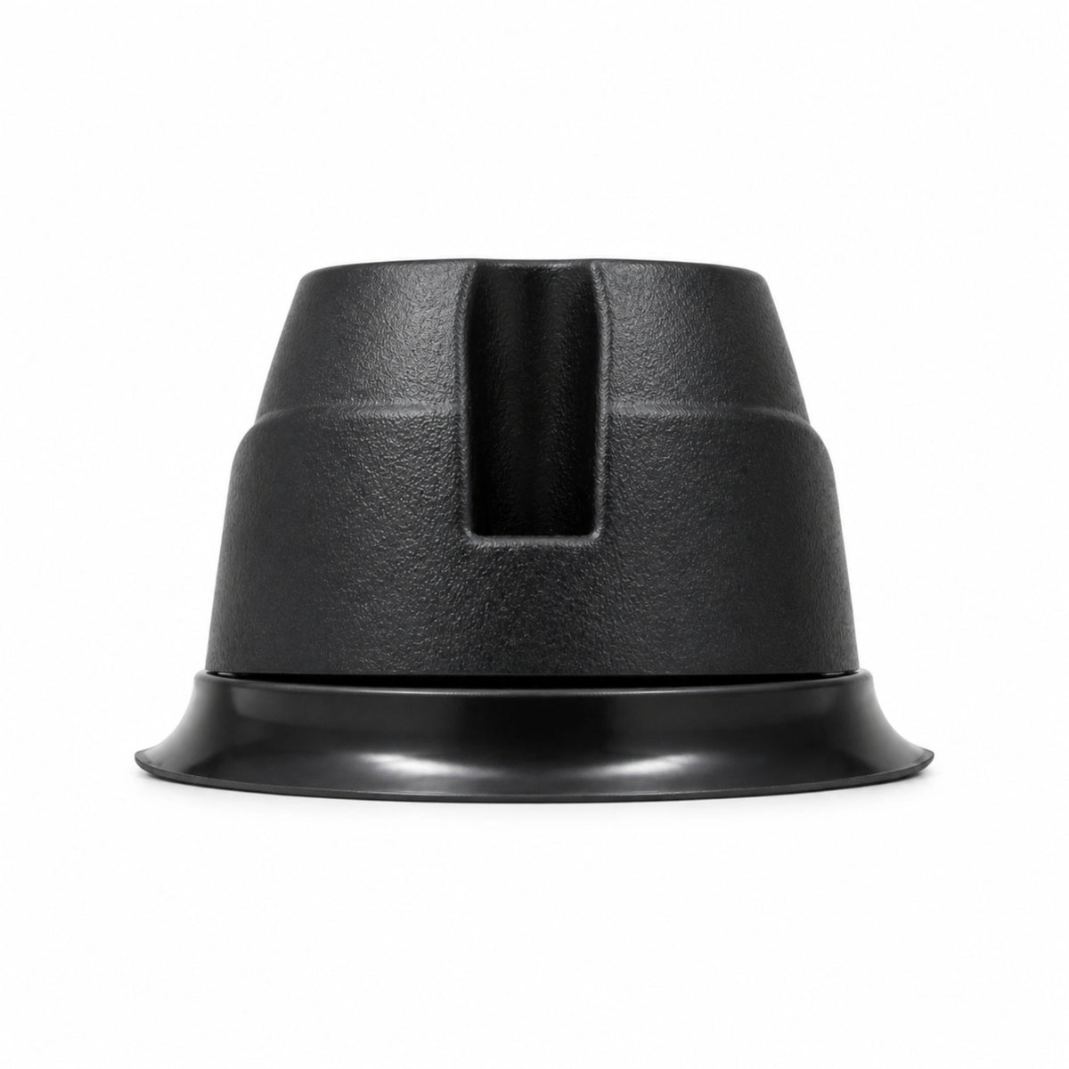 End on view of the black LED warning light head showing the tapered housing profile and the flared rubber base surround