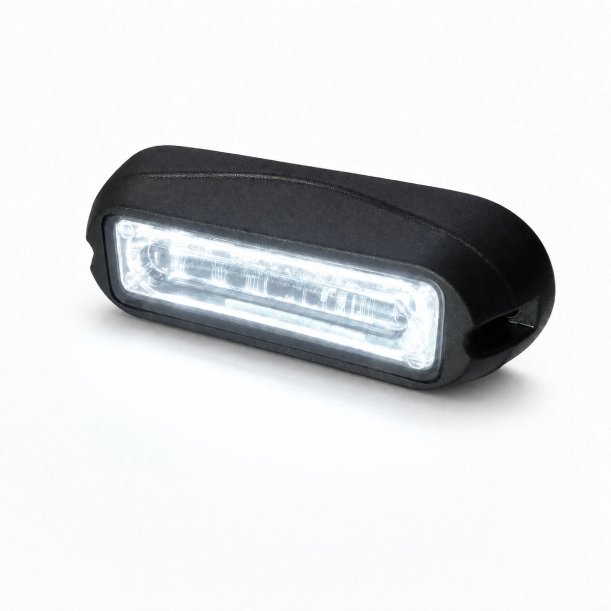 The LED warning light head running white output across the full length of the linear lens