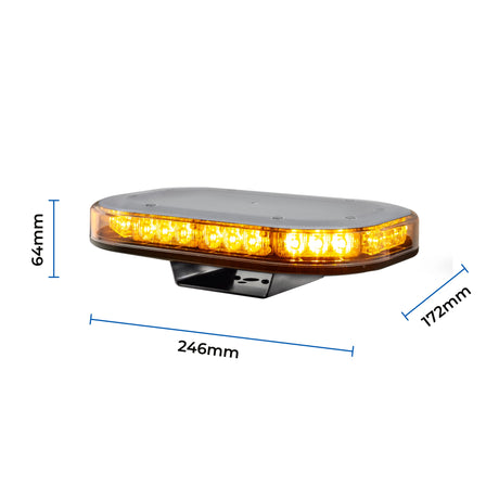 LB246ACM 246mm amber LED fixed-mount warning mini light bar with clear lens and single-bolt roof mounting dimensions