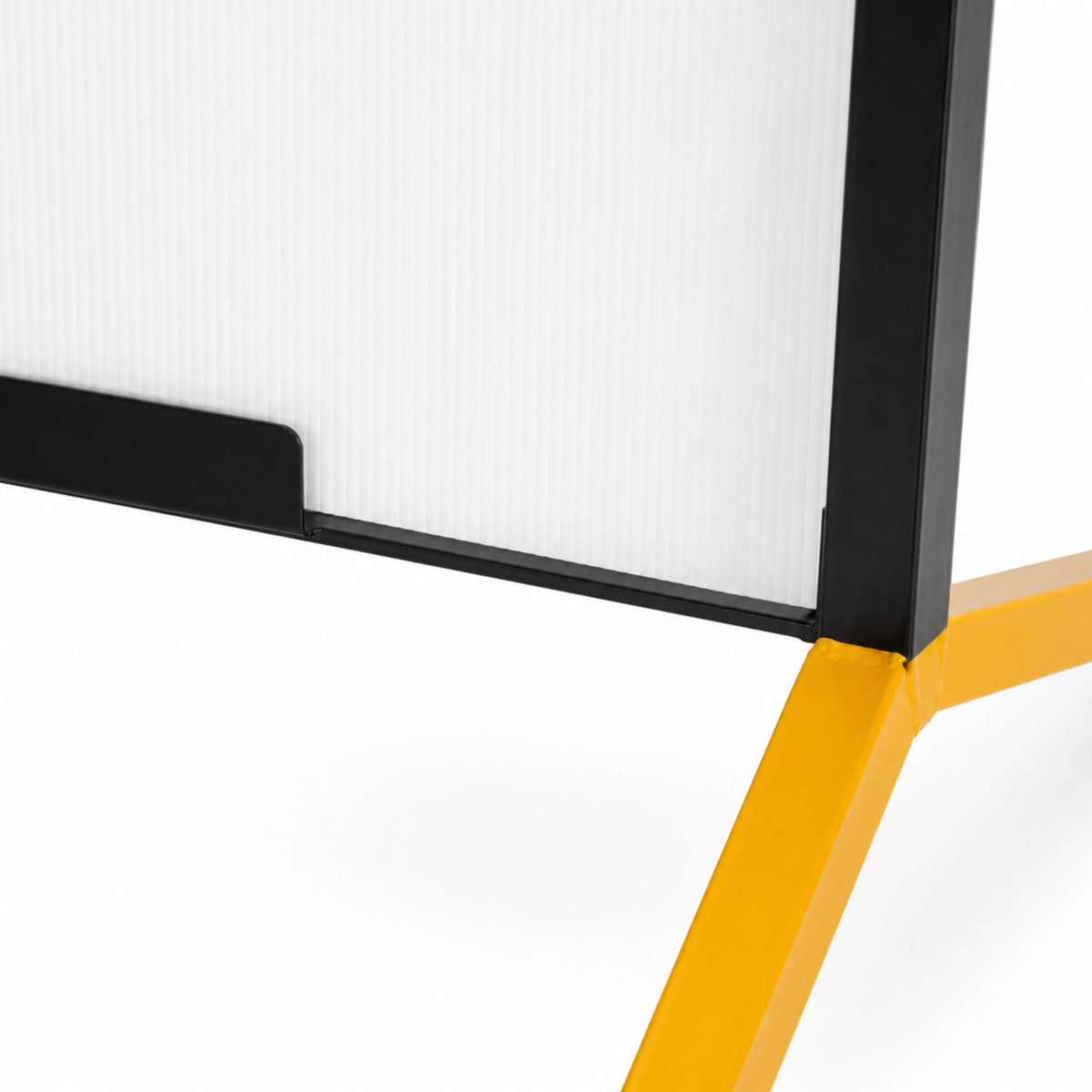 Close-up of a message sign frame with black frame and yellow support structure on a white background