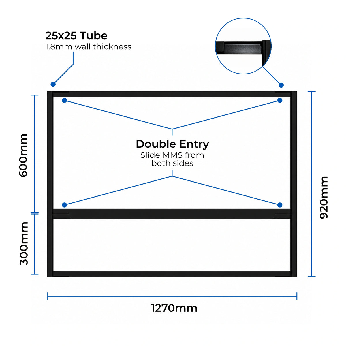 Technical dimension diagram of a double entry MMS frame with labeled measurements: 1270mm width, 920mm height, and 600mm plus 300mm section heights. Text notes a 25x25 tube.