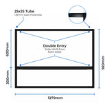 Technical dimension diagram of a double entry MMS frame with labeled measurements: 1270mm width, 920mm height, and 600mm plus 300mm section heights. Text notes a 25x25 tube.