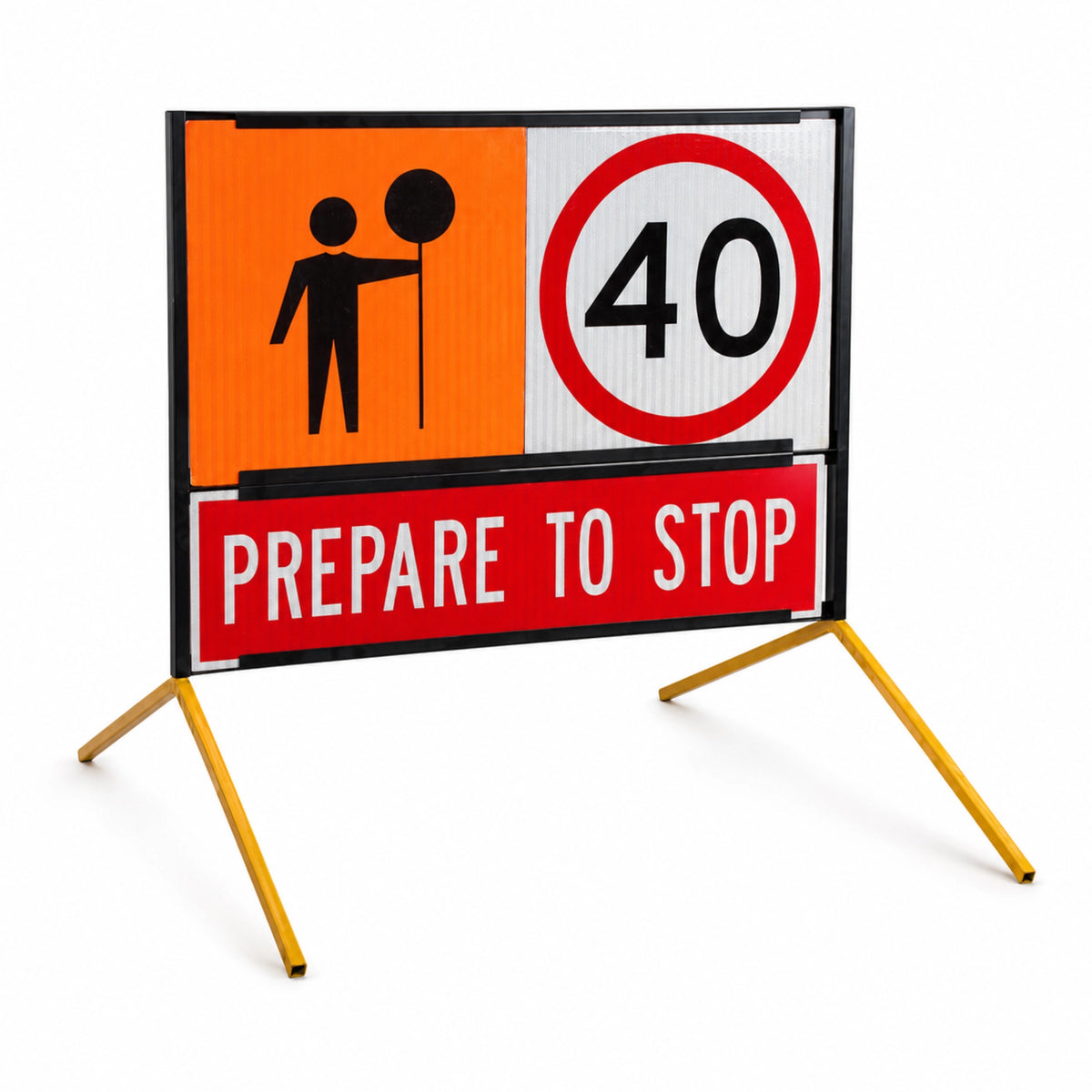 Multi message traffic sign frame with 40km, traffic controller and Prepare To Stop corflute panels, supported by yellow bipod frame legs on a white background.