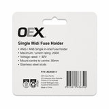 OEX single MIDI fuse holder ACX6514 rear packaging with specifications and barcode
