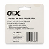 OEX ACX6535 twin in-line MIDI fuse holder rear packaging with specifications and barcode