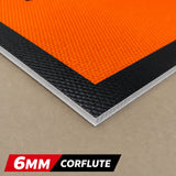 6MM Corflute sheet with fluorescent orange and black border, on a beige background