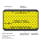 Labelled diagram of the SupaGrip SafeKerb ramp showing LowPro edges, engraved information, bolt down holes, slip resistant texture and replaceable SupaGrip clips