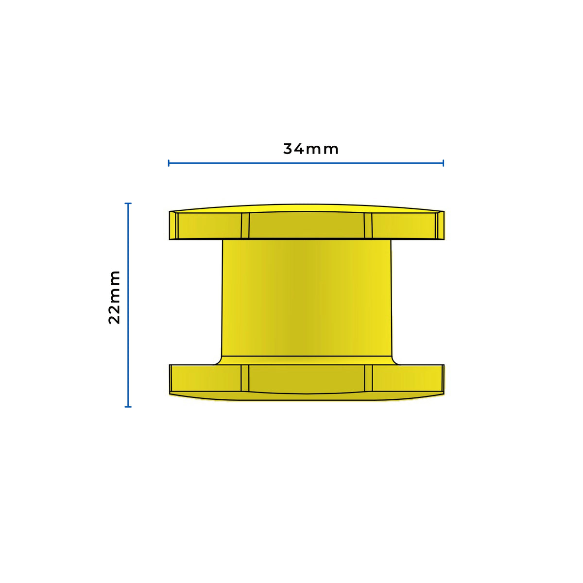 Dimension drawing of the SupaGrip SafeKerb connector, 34mm across the hexagonal flange and 22mm high assembled