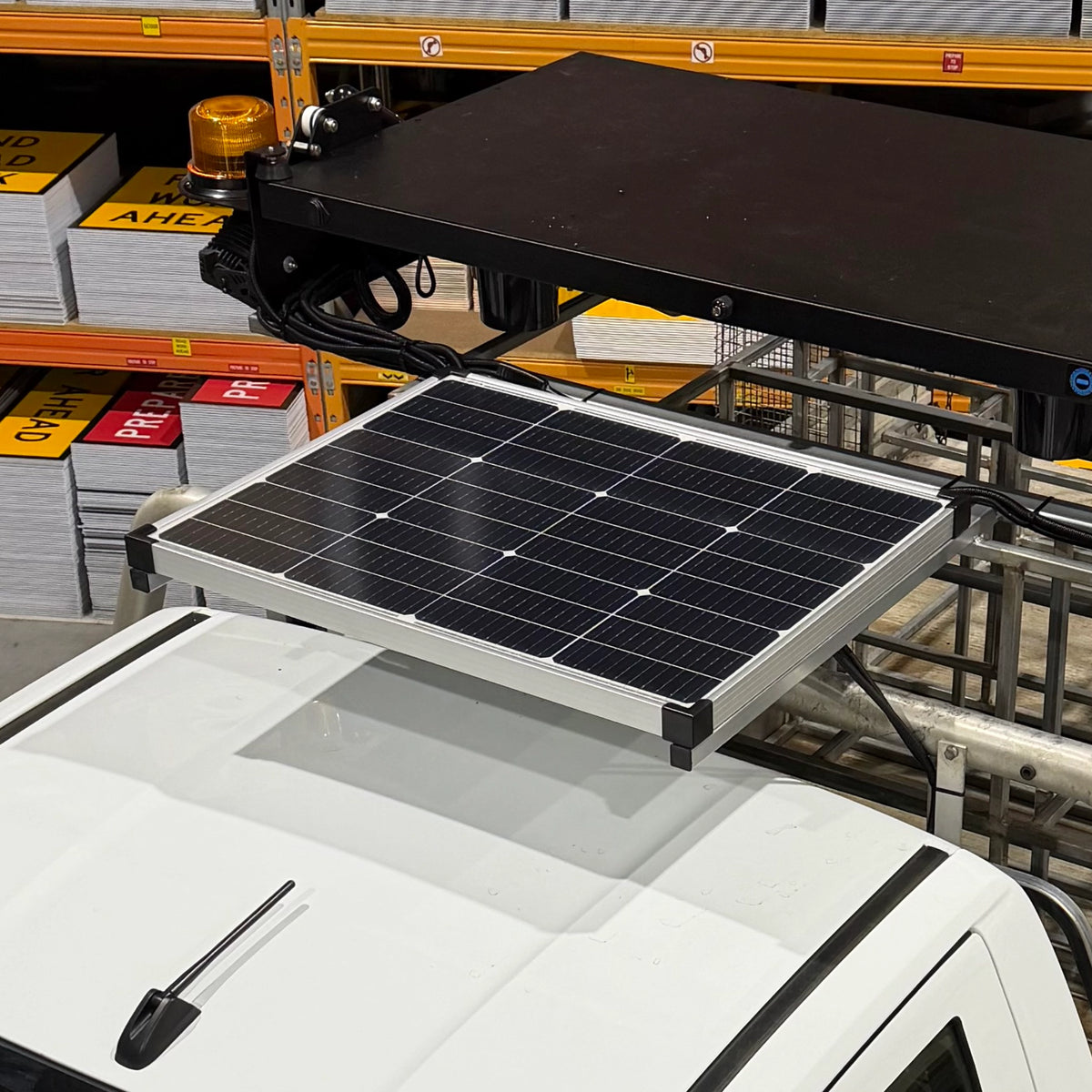 Powertech 12V 80W monocrystalline solar panel with aluminium frame and MC4 style connector installed on vehicle