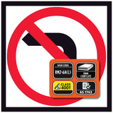 No left turn traffic sign with certification details on an orange background
