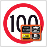 RM4-1A(100) 600x600mm Road sign with a red border and black 100 speed text, featuring technical details in an orange label.