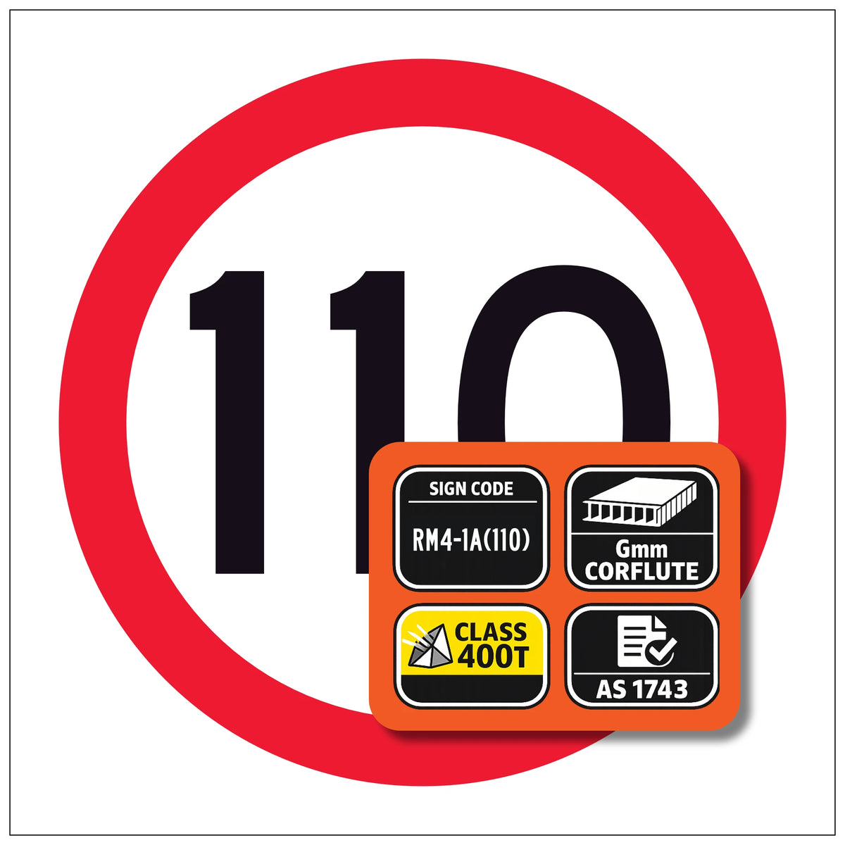 RM4-1A(110) Speed Sign with a red circle and number 110, featuring certification logos on an orange background.
