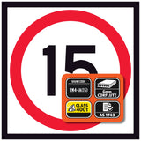 RM4-1A(15) Speed traffic sign with number 15 and additional certification icons on a white background