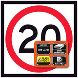 RM4-1A(20) 20 km/h speed limit sign with certification labels on a white background