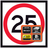 RM4-1A(25) Speed Sign with number 25 and certification logos on a white background