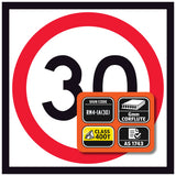 RM4-1A(30) Speed limit 30 sign with certification labels on a white background