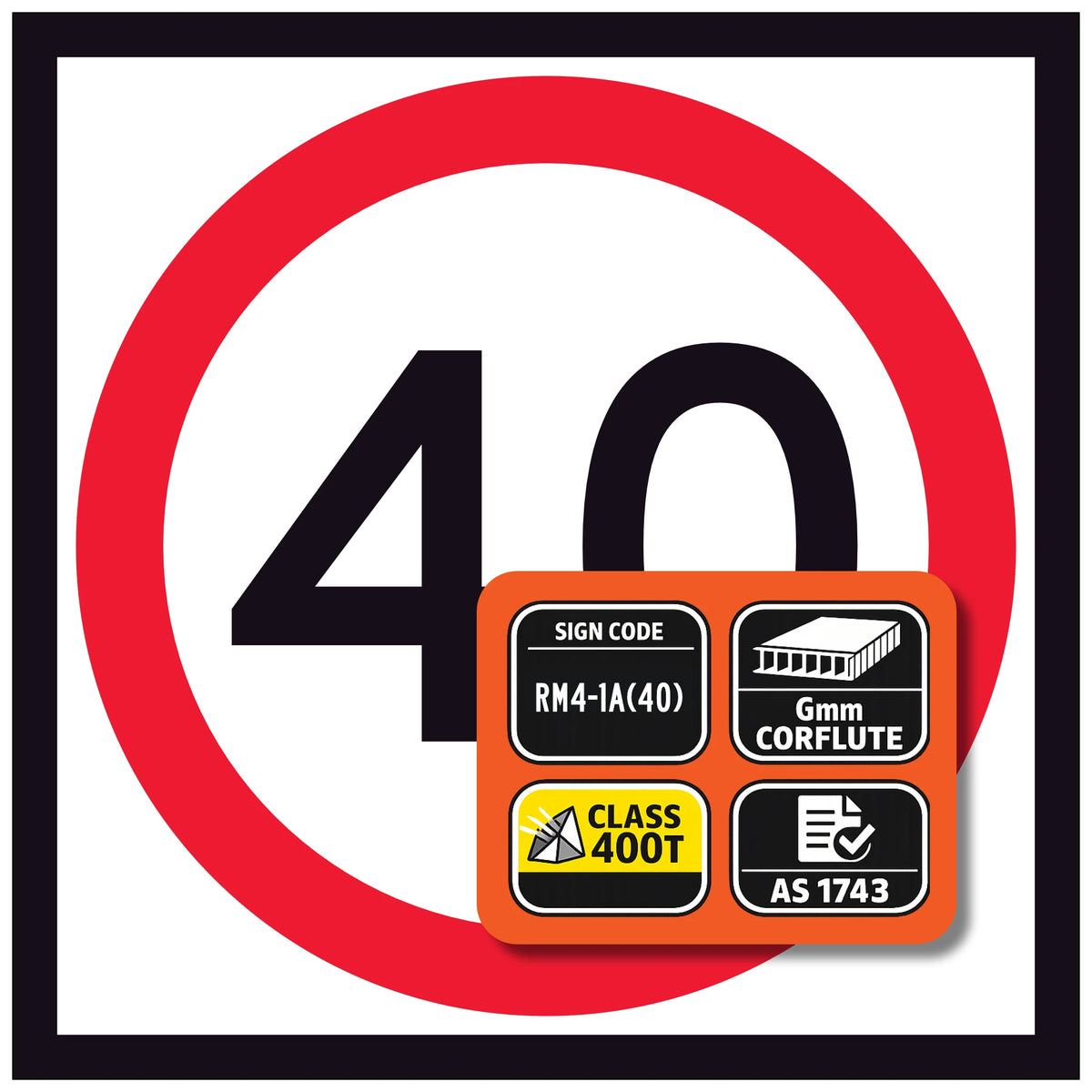 Speed limit 40 sign with certification labels on a white background