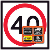 Speed limit 40 sign with certification labels on a white background