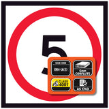 RM4-1A(5) 5 km/h speed traffic control sign, featuring certification logos on an orange label.
