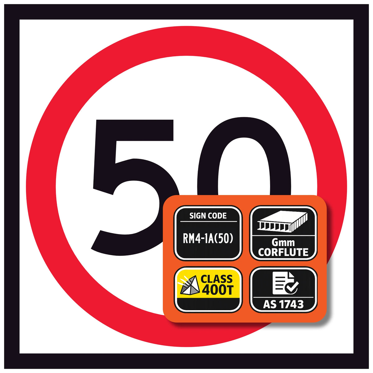 Road speed sign with number 50 and additional information panel on a white background