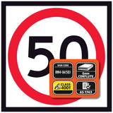 Road speed sign with number 50 and additional information panel on a white background