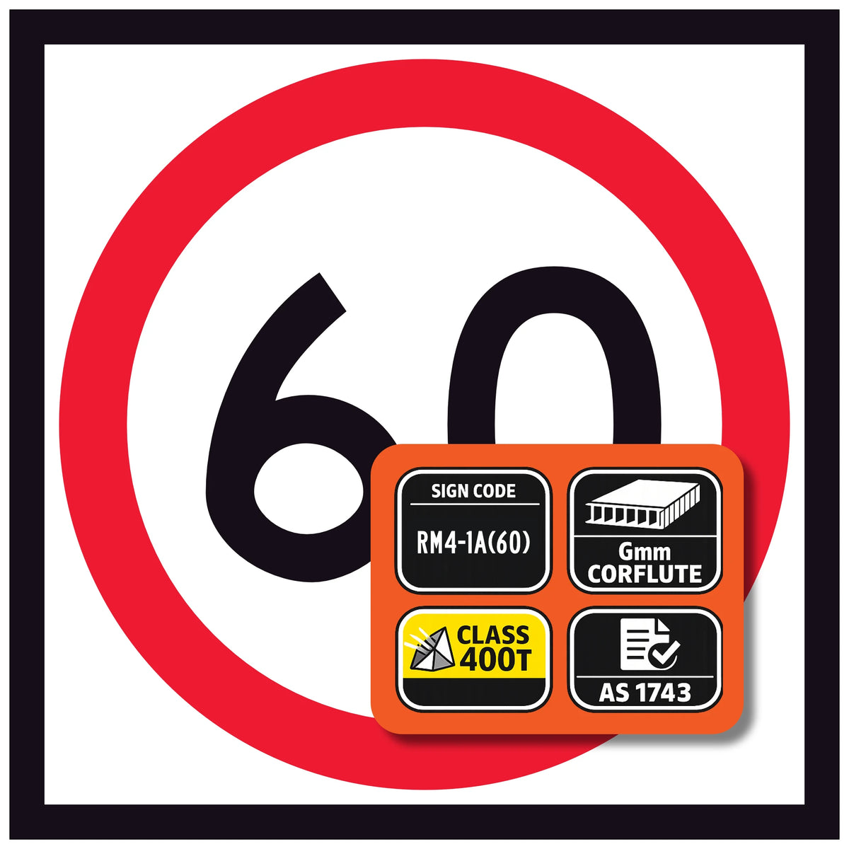 RM4-1A(60) 600x600 mm corflute 60 km/h speed-limit sign with a red circle on a white background