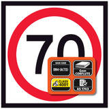 RM4-1A(70) Speed limit 70 sign with certification labels on a white background