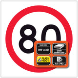RM4-1A(80) Road sign with a red border and black number '80', featuring certification logos on an orange background.