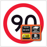 RM4-1A(90) 600x600mm 90 Speed limit sign with additional information panel on a white background